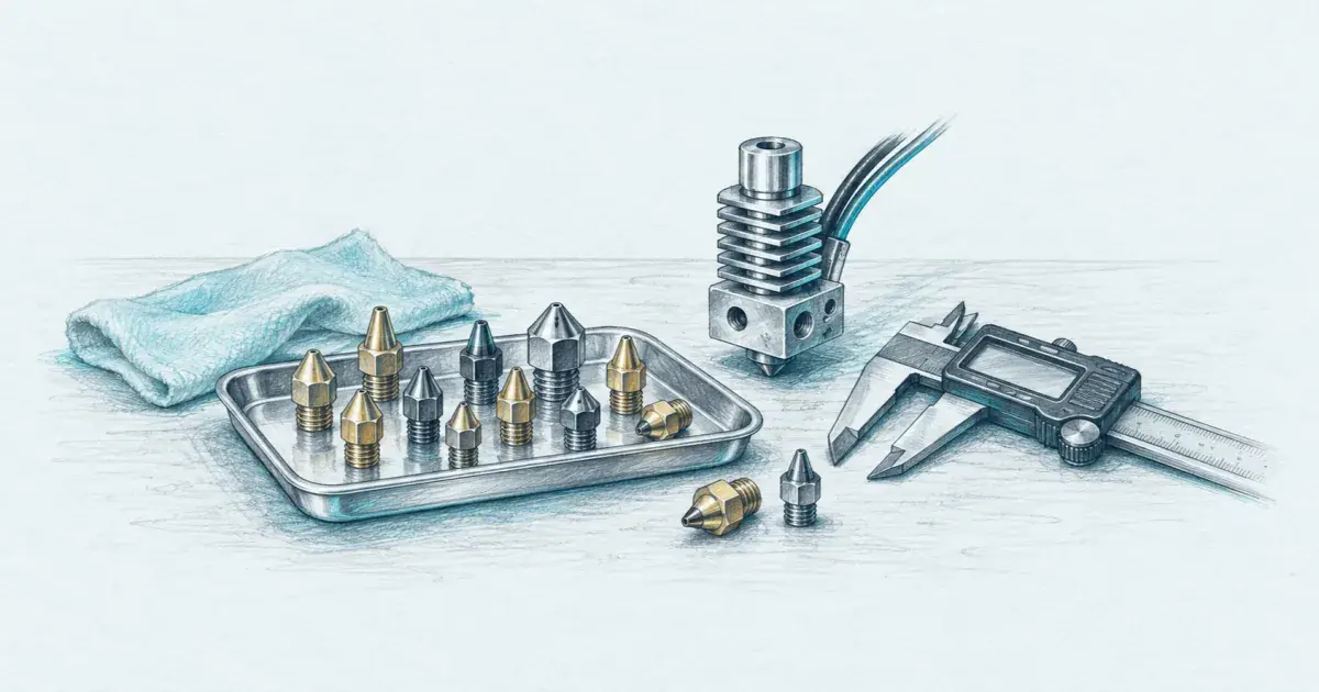 Pencil sketch of brass and steel 3D printer nozzles on a tool bench
