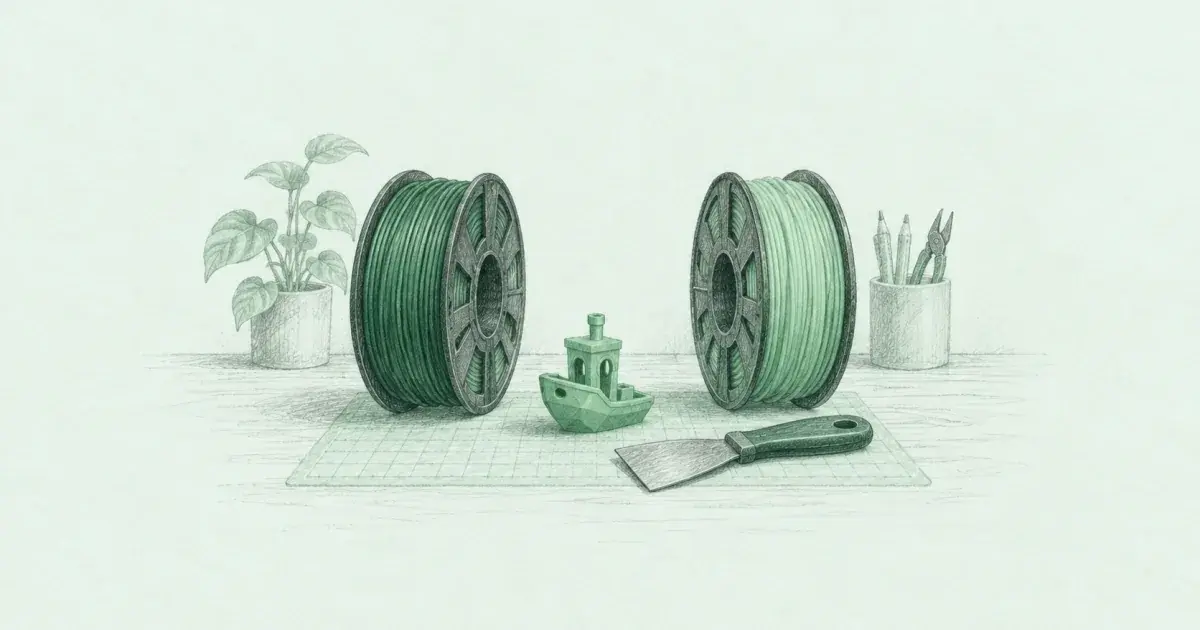 Pencil sketch of two filament spools and a scraper on a maker desk