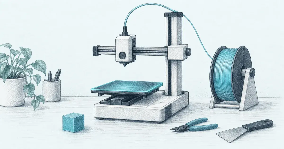 Pencil sketch of a compact beginner 3D printer and filament spool on a desk