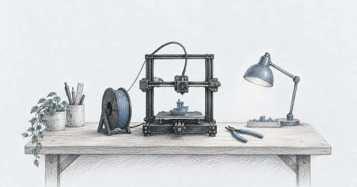 Pencil sketch of an affordable home 3D printer with filament and tools on a warm desk