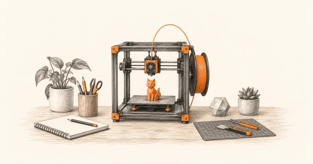 Pencil sketch of a home 3D printer and filament spool on a maker desk