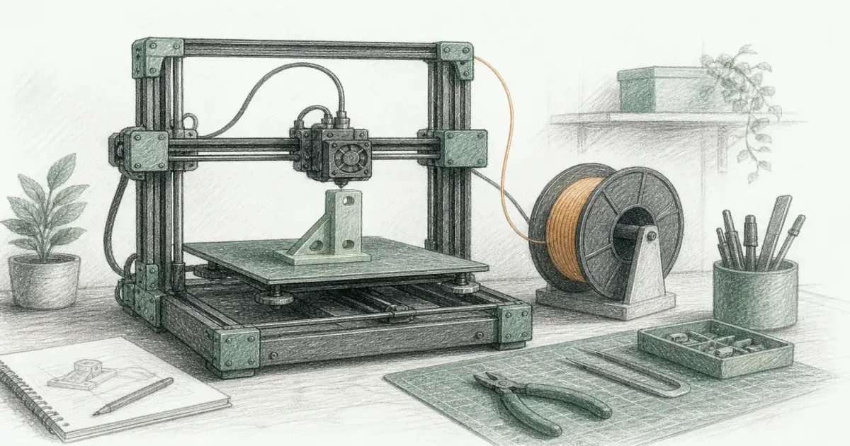 Pencil sketch of an FDM 3D printer extruding filament on a green maker desk