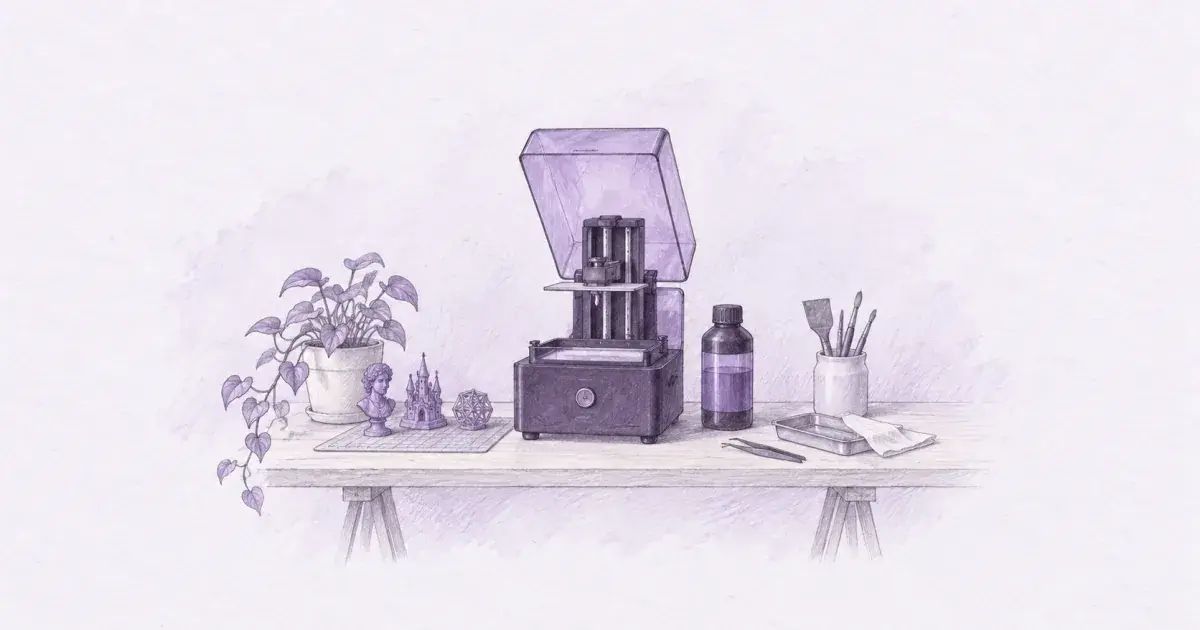 Pencil sketch of a resin 3D printer and resin bottle on a maker desk