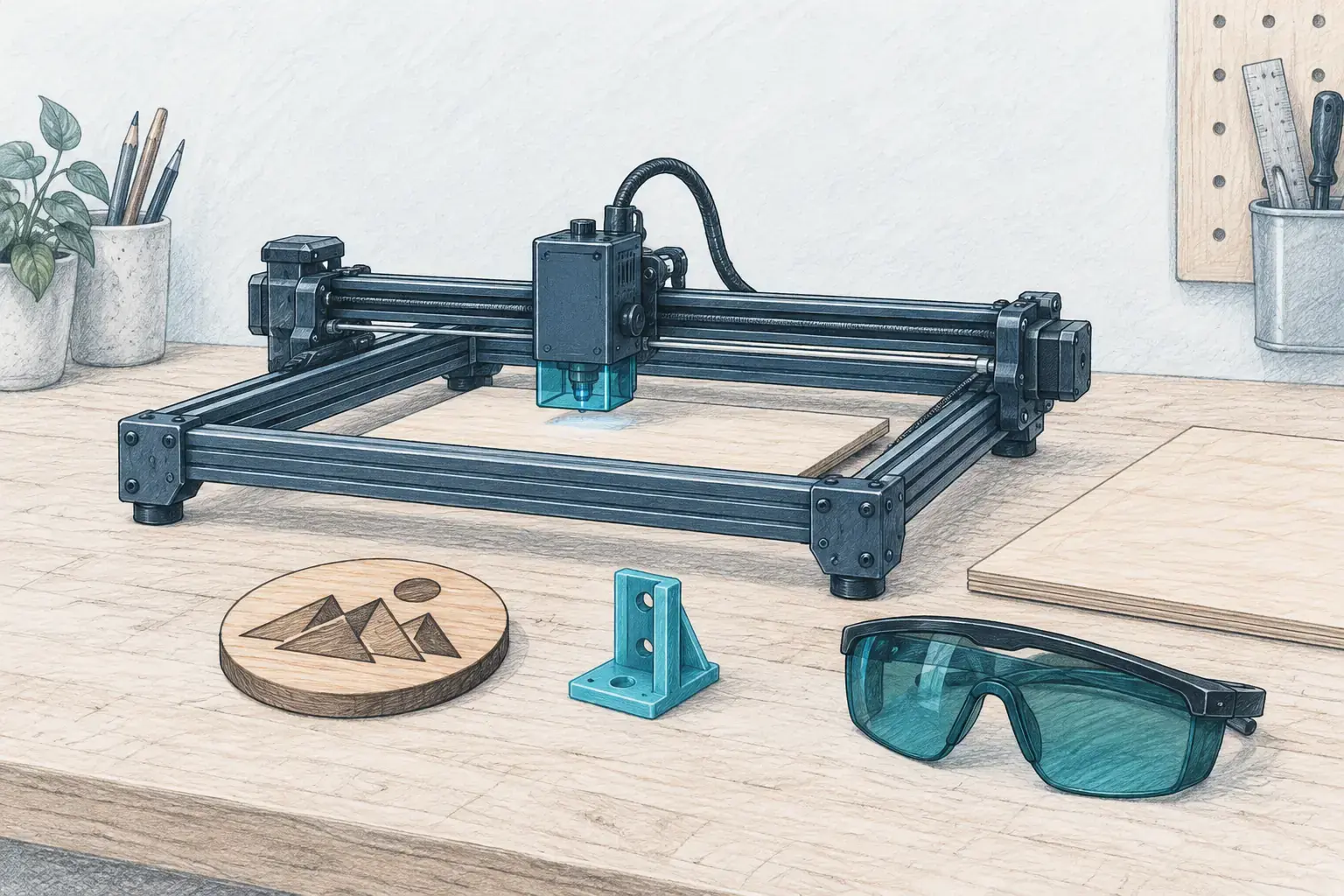 Pencil sketch of a desktop diode laser engraver burning a design into a wooden coaster beside a 3D printed part on a maker bench