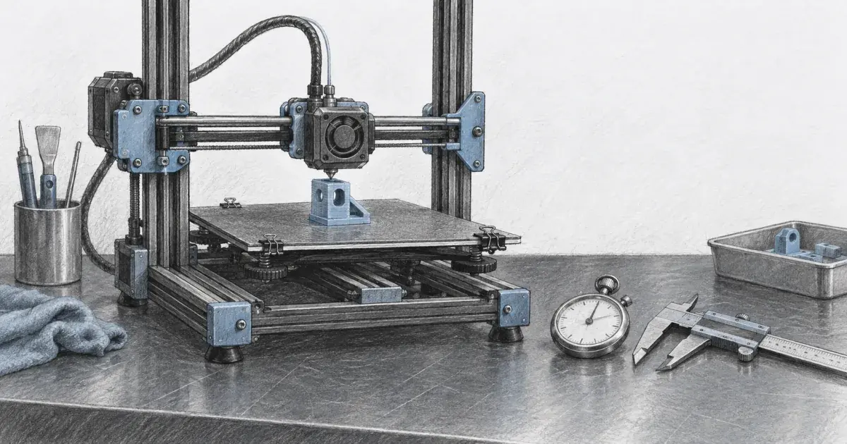 3D printer partway through a print with a stopwatch and calipers on the bench