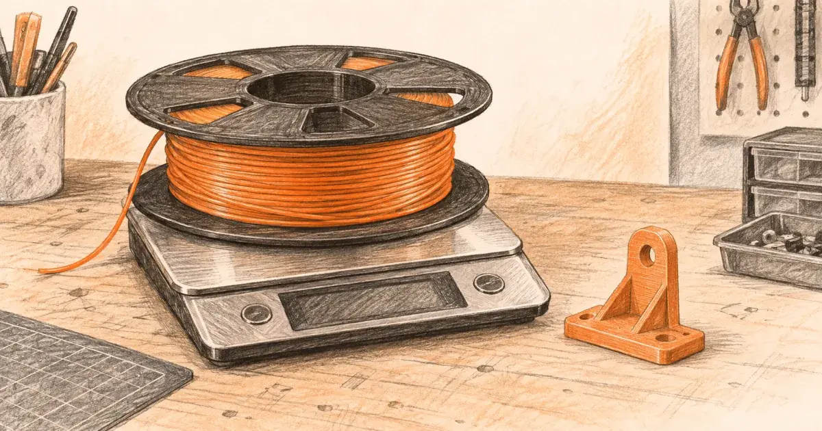 Filament cost calculator beside a digital scale and a partly used PLA spool