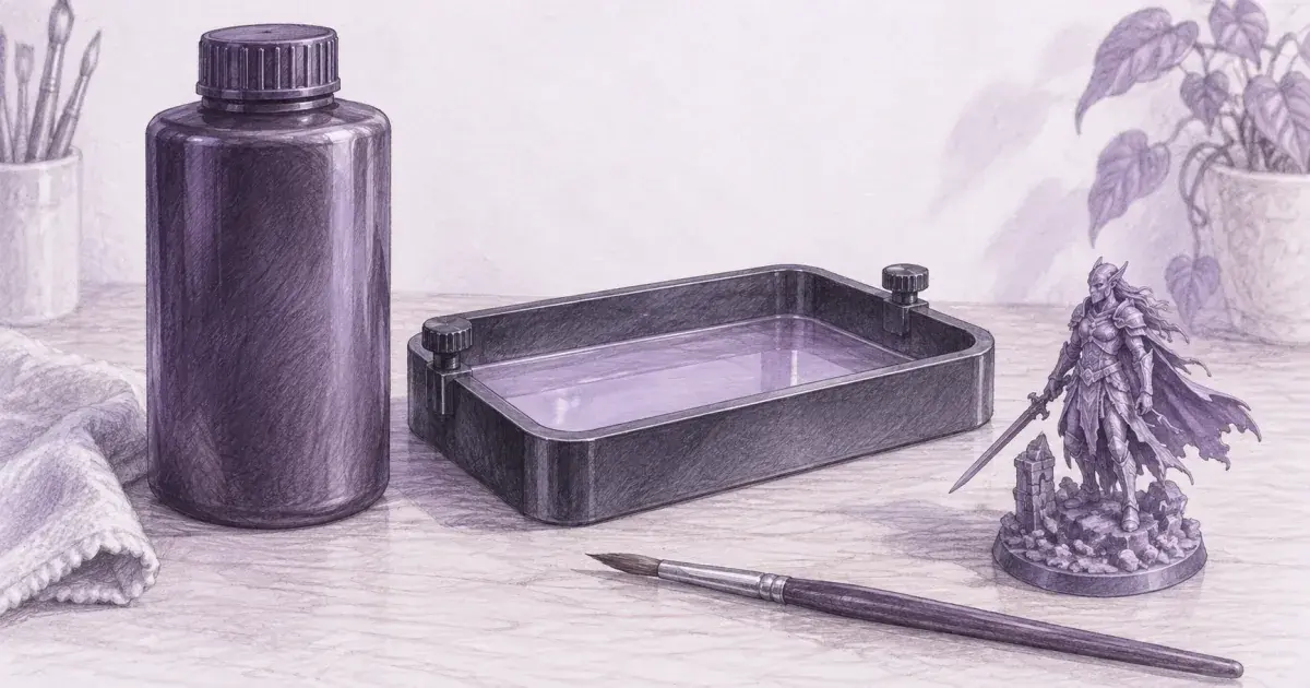 Resin cost calculator beside a resin bottle, a vat, and a finished miniature