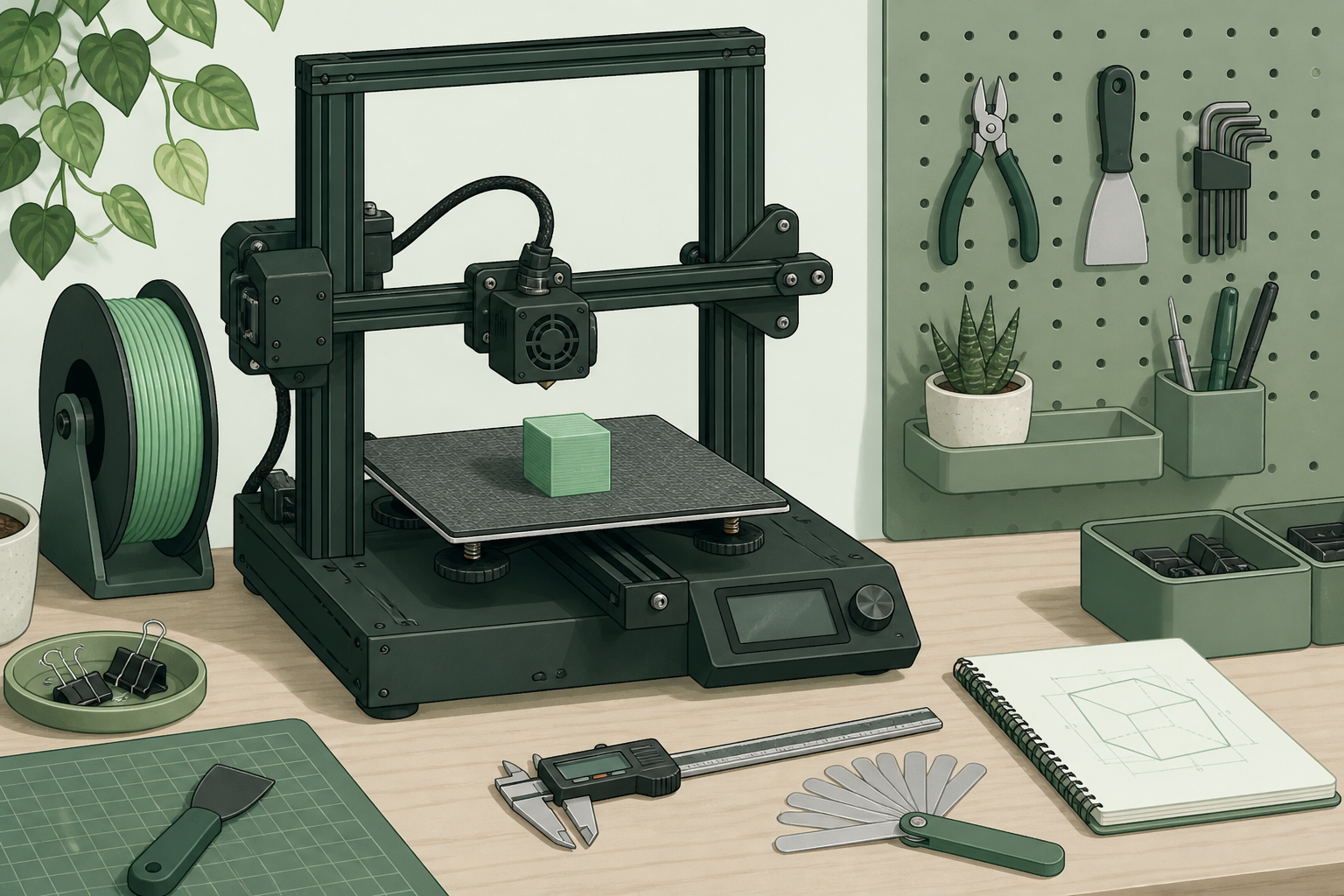 Flat illustration of a calibration cube and digital caliper beside a green home 3D printer