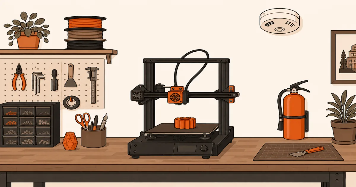 Illustration of a home 3D printer with a smoke alarm and extinguisher nearby