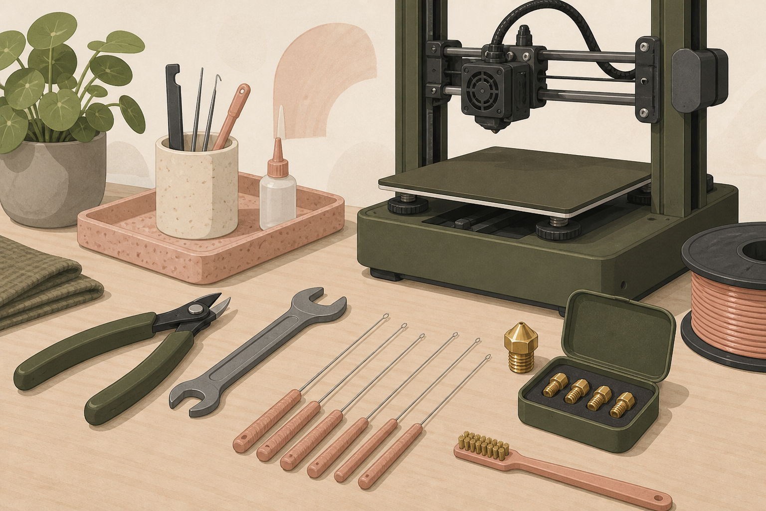 Flat illustration of a 3D printer maintenance kit with nozzles, brush, and cutters on a sand-colored desk