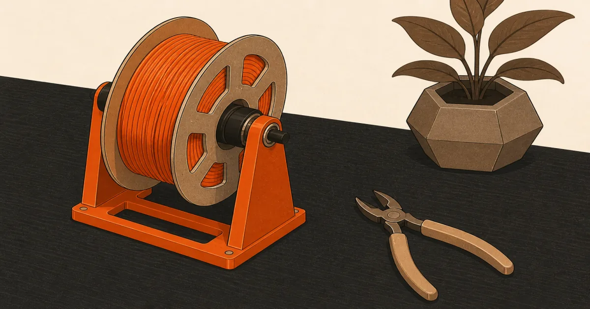 Flat illustration of a bearing spool holder with a filament roll on a charcoal maker desk