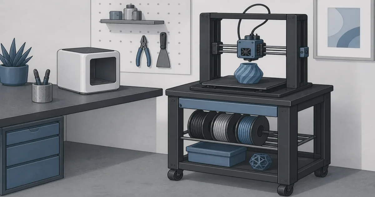 Rolling 3D printer stand with filament spools on lower racks beside a desk printer