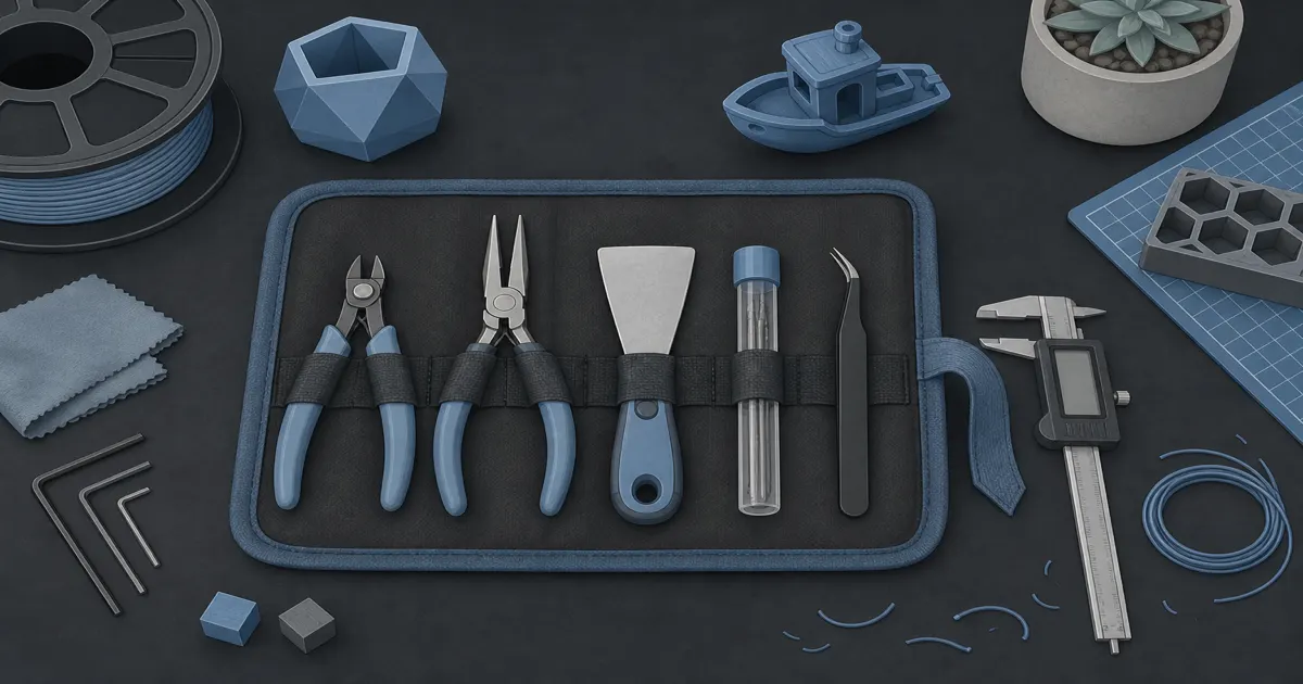 Flat illustration of pliers, scraper, and caliper on a steel-blue maker desk