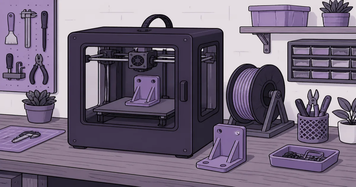 Illustration of an enclosed home 3D printer with ABS filament