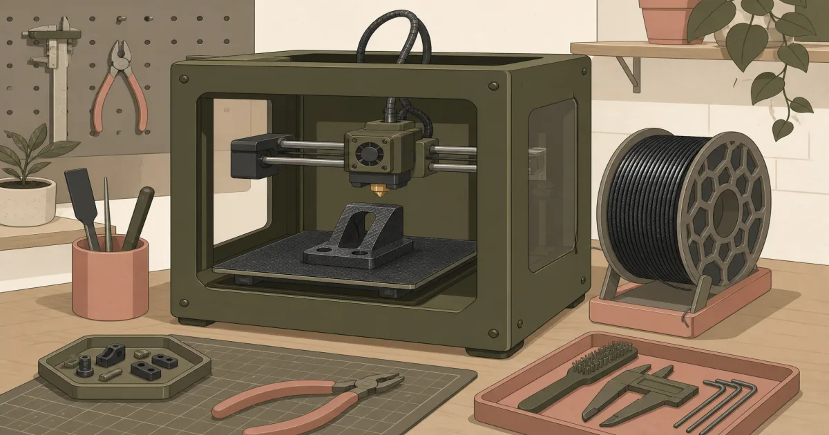 Illustration of an enclosed 3D printer, hardened nozzle, and carbon fiber filament