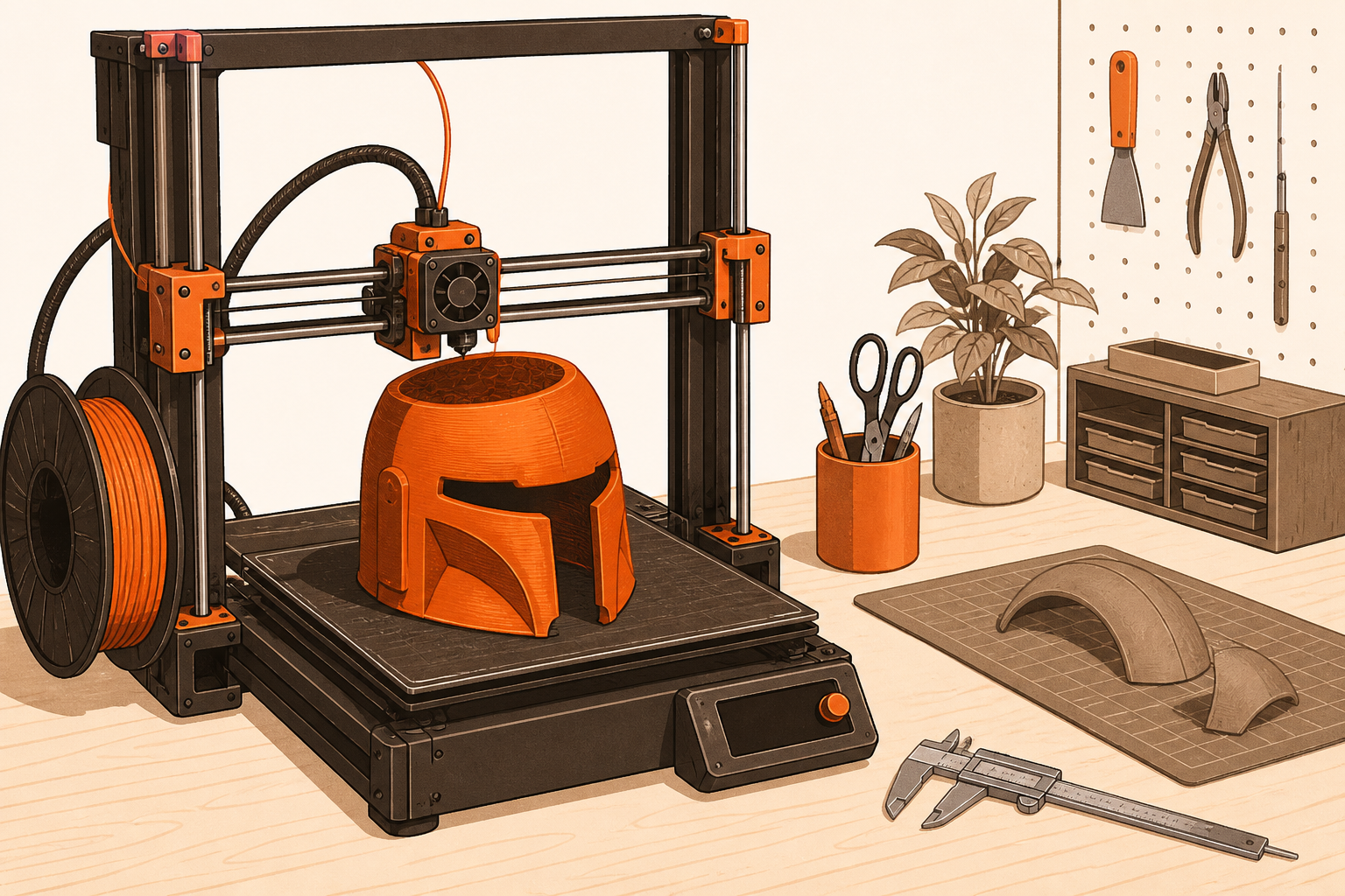 Flat illustration of an FDM printer making a cosplay helmet section on an orange maker desk