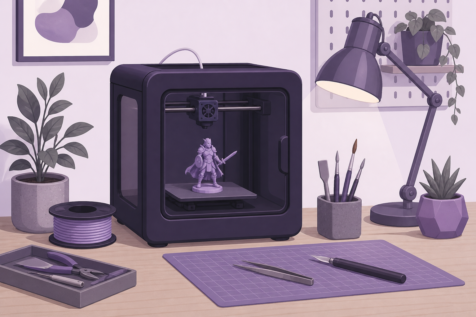 Flat illustration of an enclosed 3D printer making a miniature on a violet maker desk