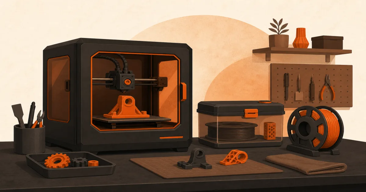 Flat illustration of an enclosed nylon-capable 3D printer, dry box, and spool on a charcoal maker bench