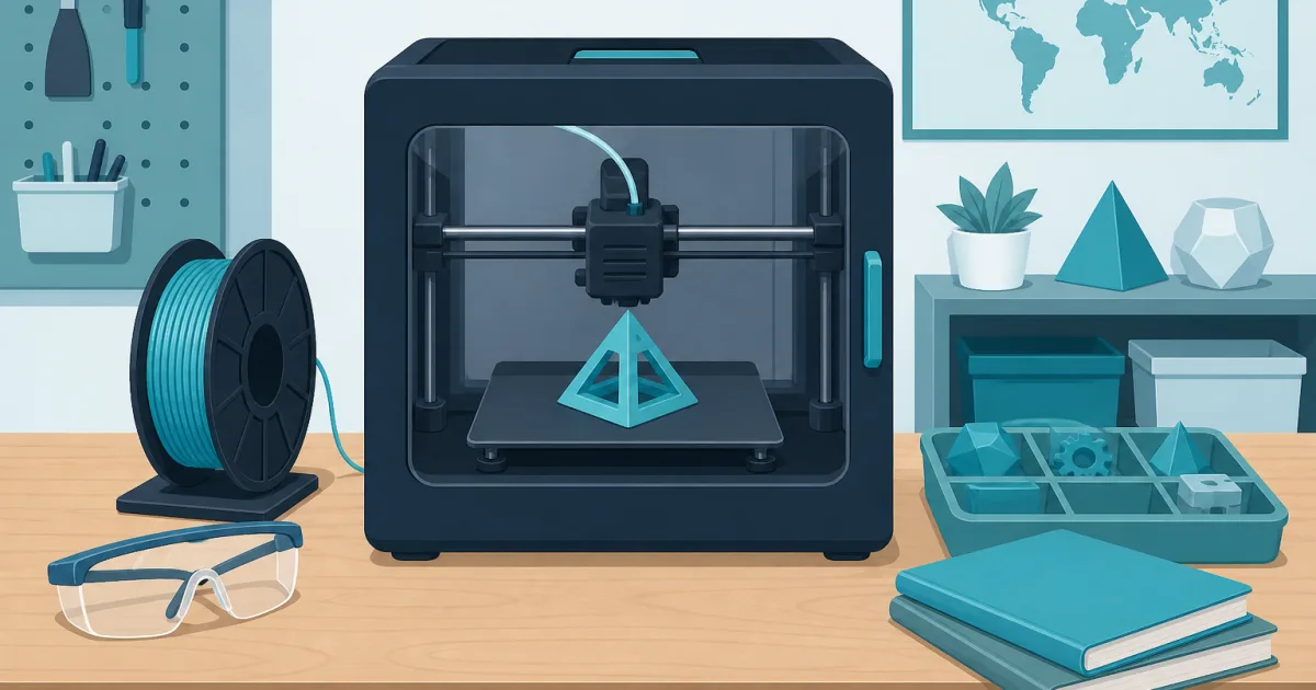 Flat illustration of an enclosed 3D printer, filament spool, safety glasses, and lesson notebooks on a classroom maker bench