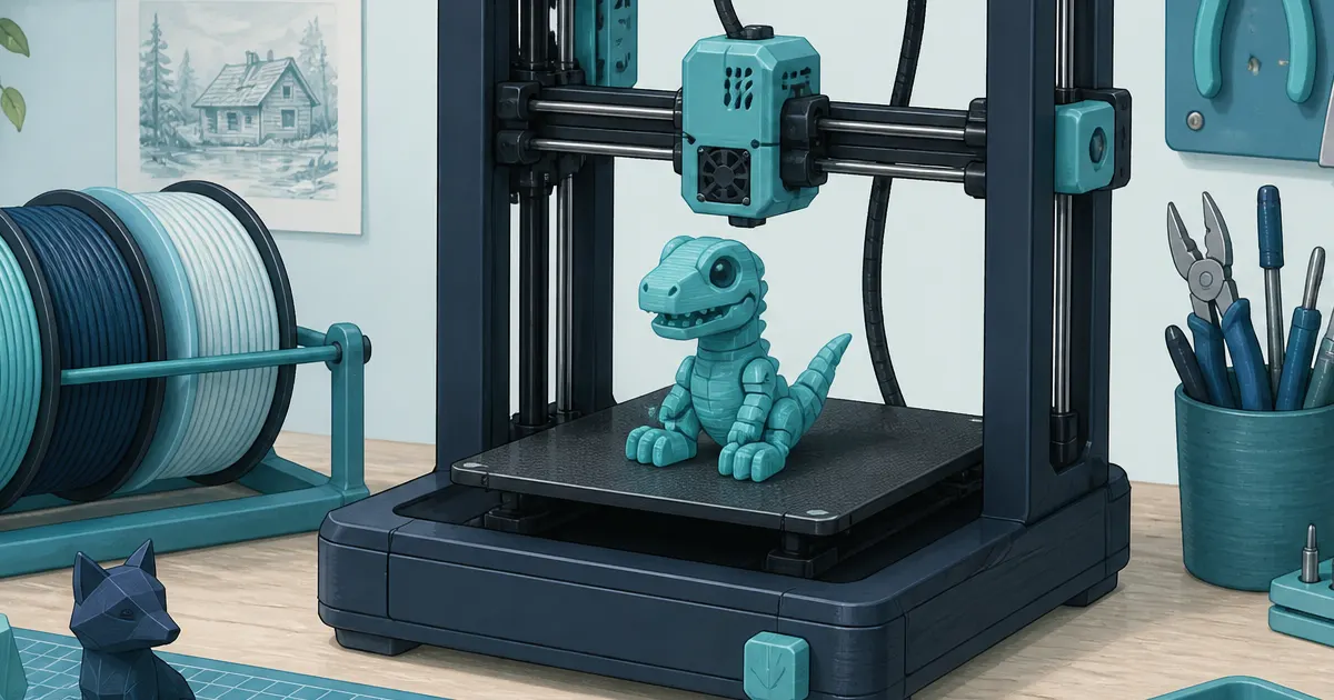 Flat illustration of a cyan home 3D printer making an articulated toy beside colorful filament and hand tools