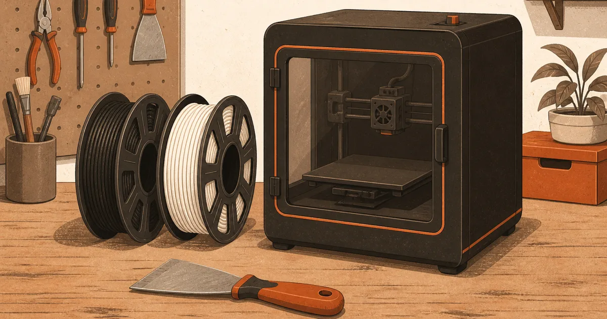 Flat illustration of ABS filament spools and an enclosed printer on a warm orange maker desk