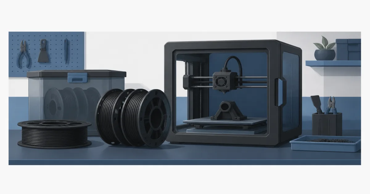 Flat illustration of ASA filament spools beside an enclosed home 3D printer on a steel-blue maker desk