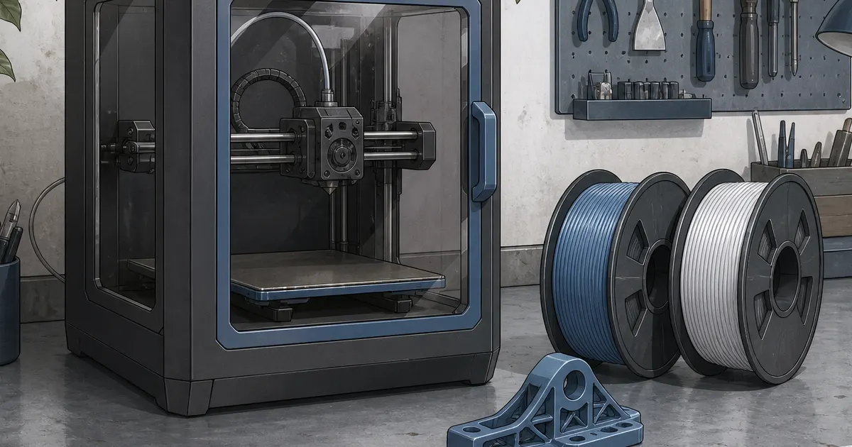 Flat illustration of an enclosed home 3D printer with blue filament on a steel workbench