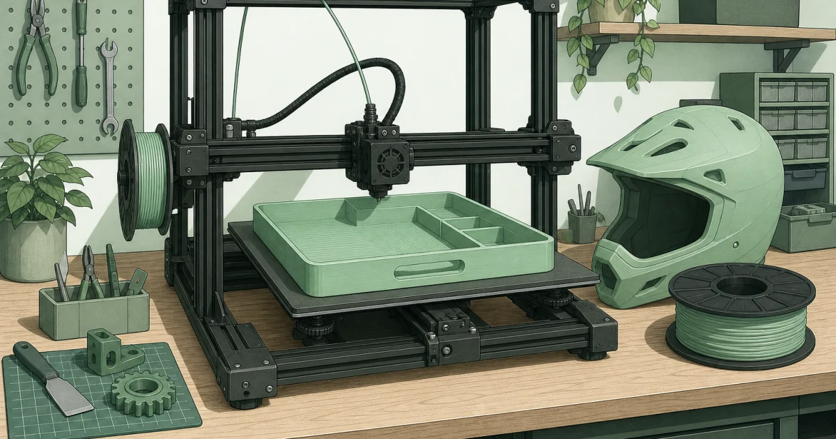 Flat illustration of a large open-frame 3D printer making a wide storage tray on a green maker bench