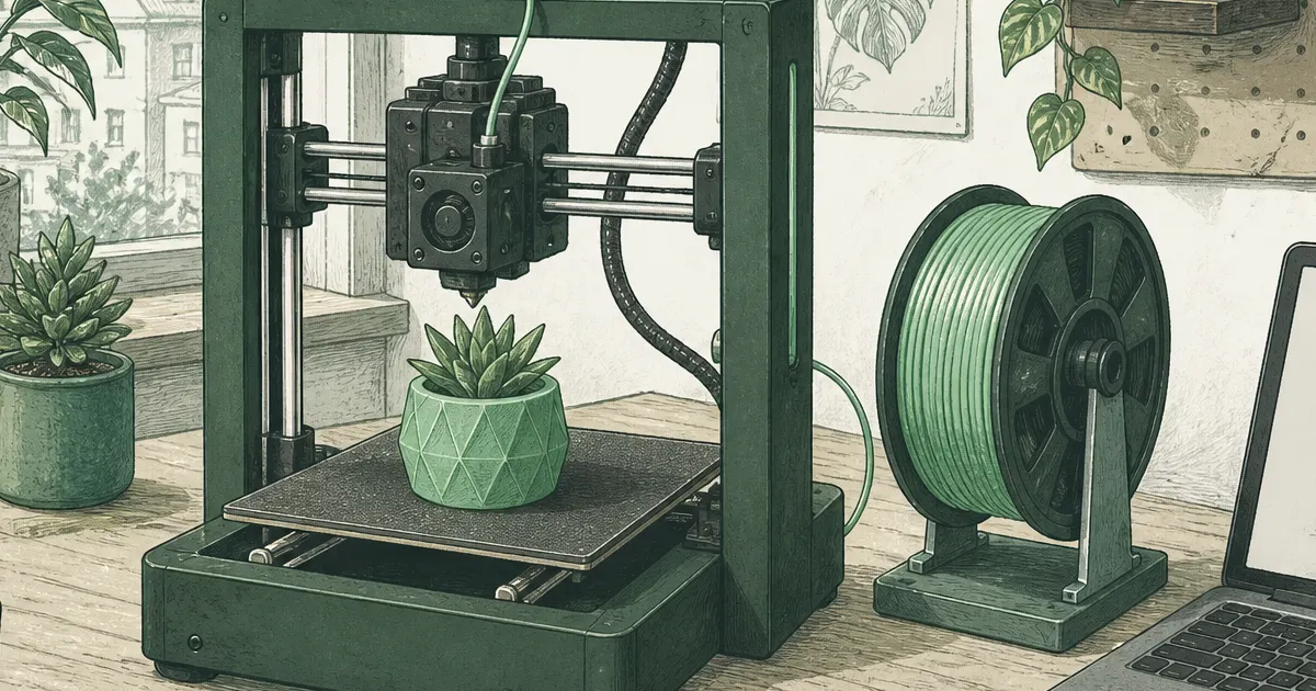 Flat illustration of a compact green home 3D printer and small planter on an apartment desk
