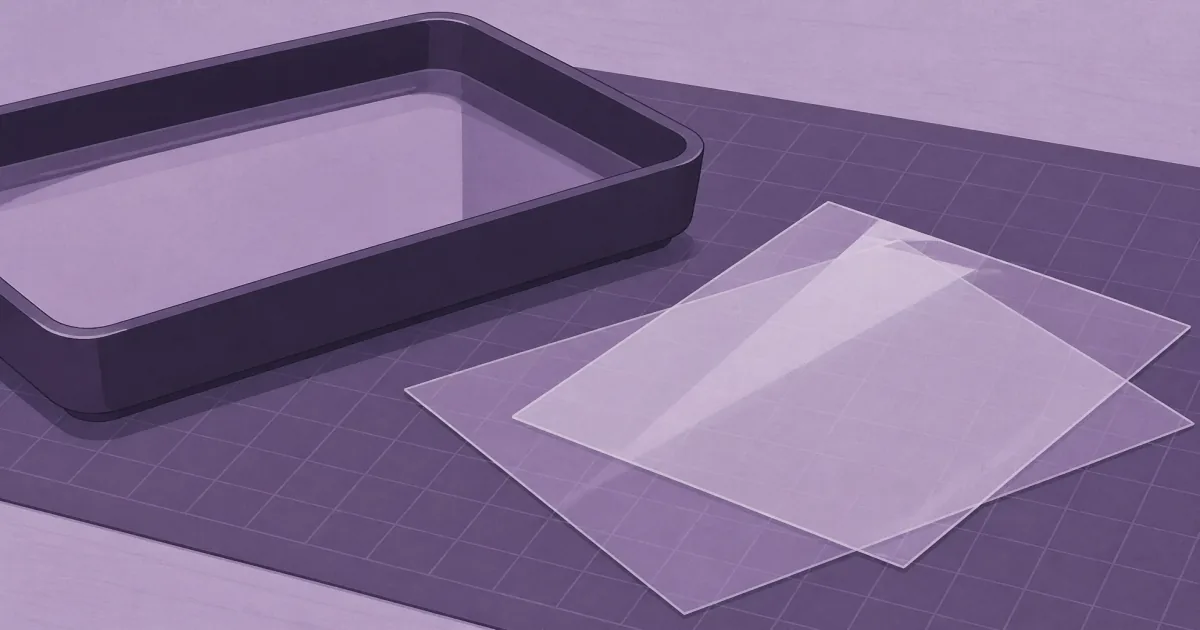 Flat illustration of clear FEP release film sheets beside a resin vat on a violet maker workbench
