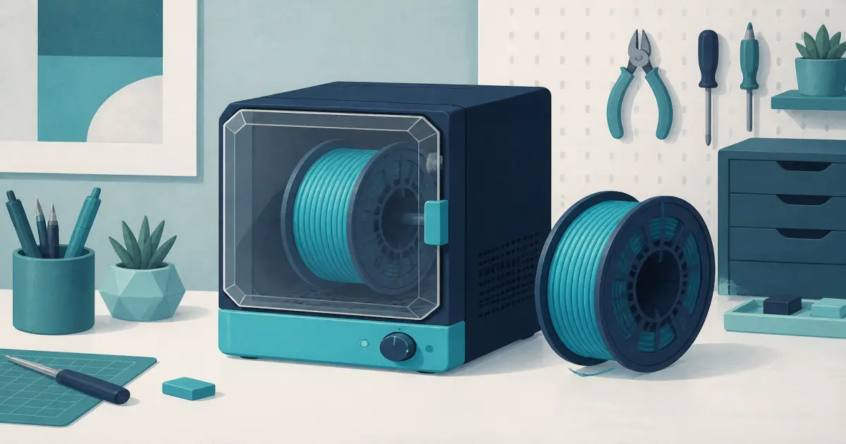 Flat illustration of a filament dryer box and spool on a cyan maker desk