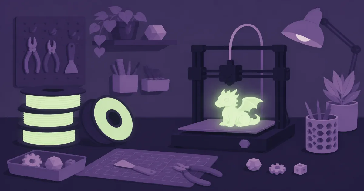 Flat illustration of glow-in-the-dark filament spools and a small luminous print on a deep violet maker desk