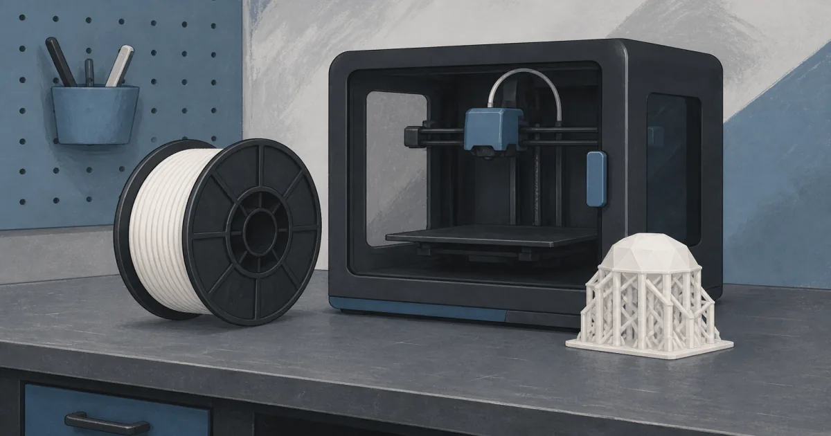 Flat illustration of a matte white HIPS filament spool beside an enclosed printer and a small support-heavy model on a cool steel desk