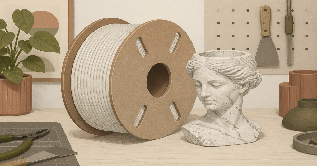Speckled marble PLA filament spool beside a stone-look bust print on a cream maker desk