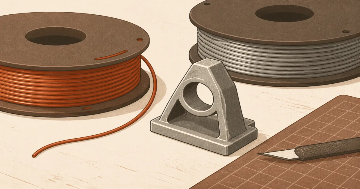Dense copper and steel metal-filled PLA spools beside a polished prop print on a warm industrial maker desk