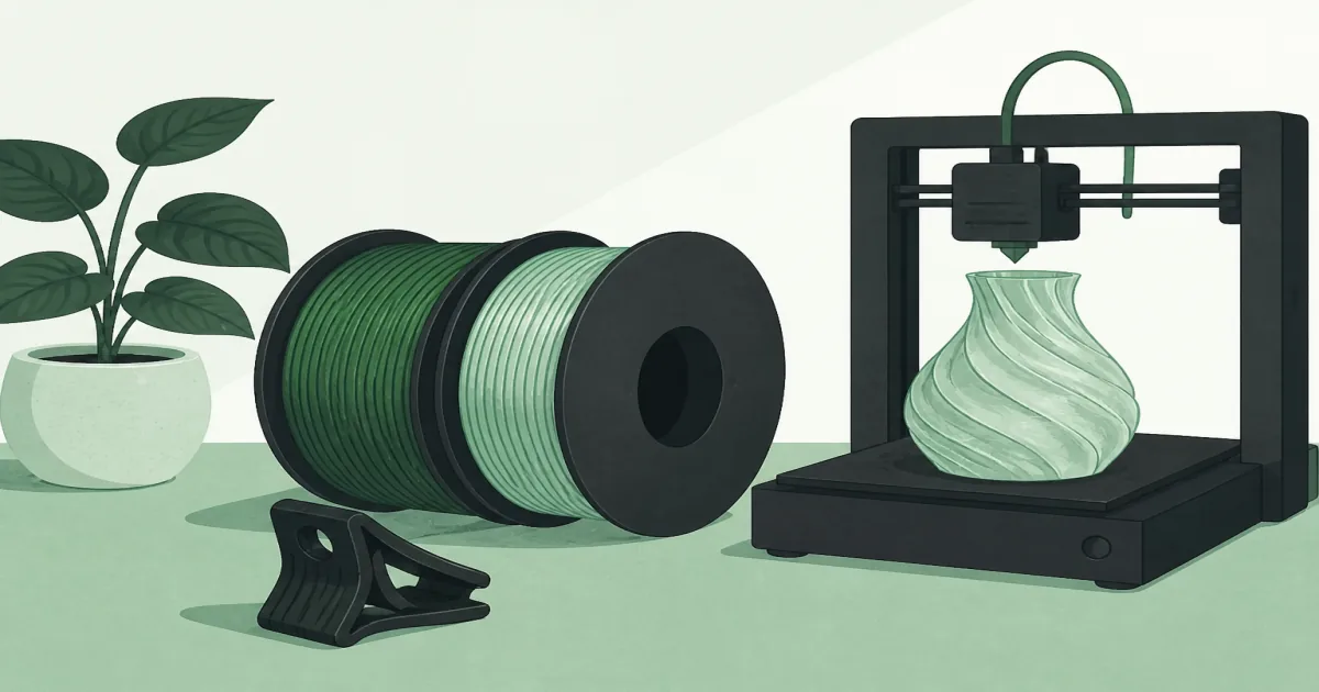 PLA plus filament spools and a tough black clip print on a clean mint maker desk beside a compact home 3D printer