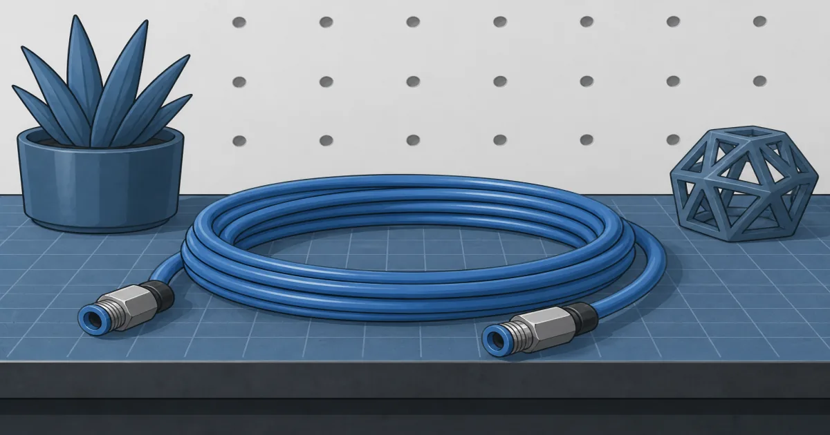 Flat illustration of blue PTFE Bowden tubing and fittings on a steel-blue maker desk